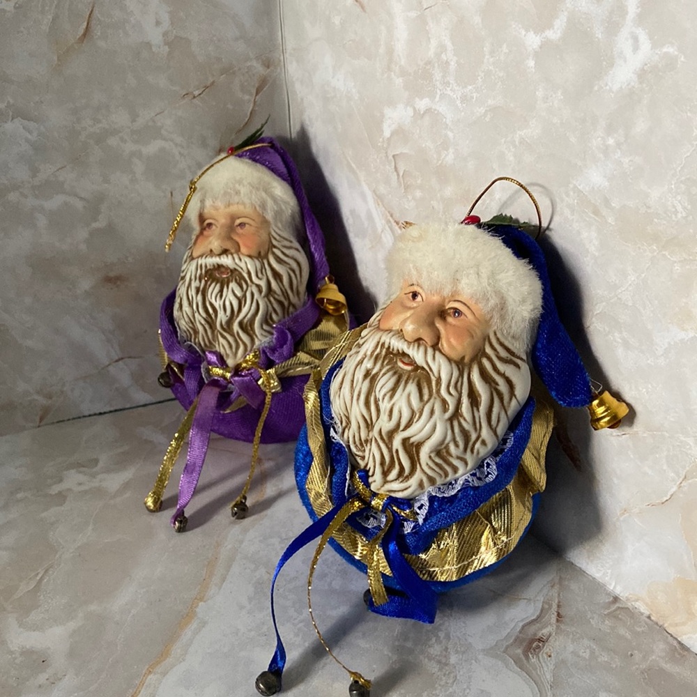 Pair of Vintage Resin China Faced Santa Ornaments